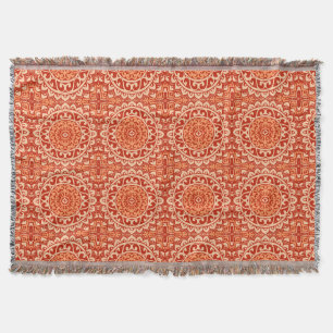 Southwestern Sun Mandala Batik, Coral Orange Throw Blanket