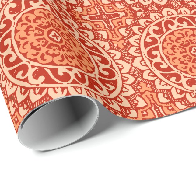 Southwestern Sun Mandala Batik, Coral Orange Wrapping Paper (Roll Corner)