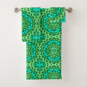 Southwestern Sun Mandala Batik, Green & Turquoise Bath Towel Set