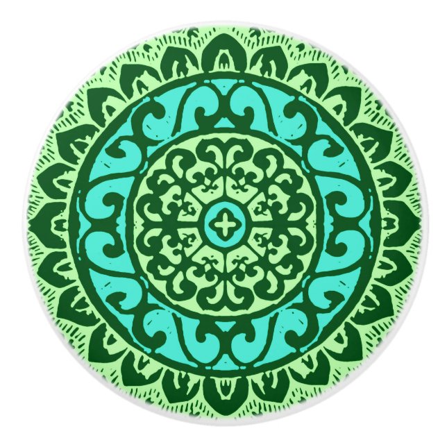 Southwestern Sun Mandala Batik, Lime Green Ceramic Knob (Front)
