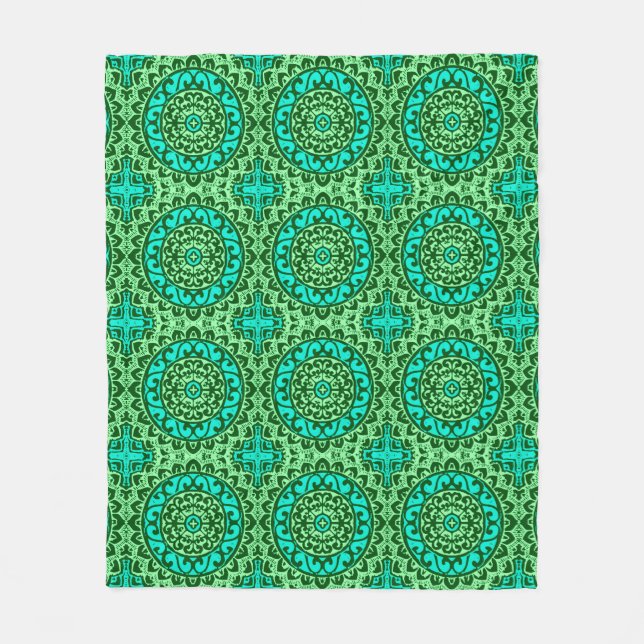 Southwestern Sun Mandala Batik, Lime Green Fleece Blanket (Front)
