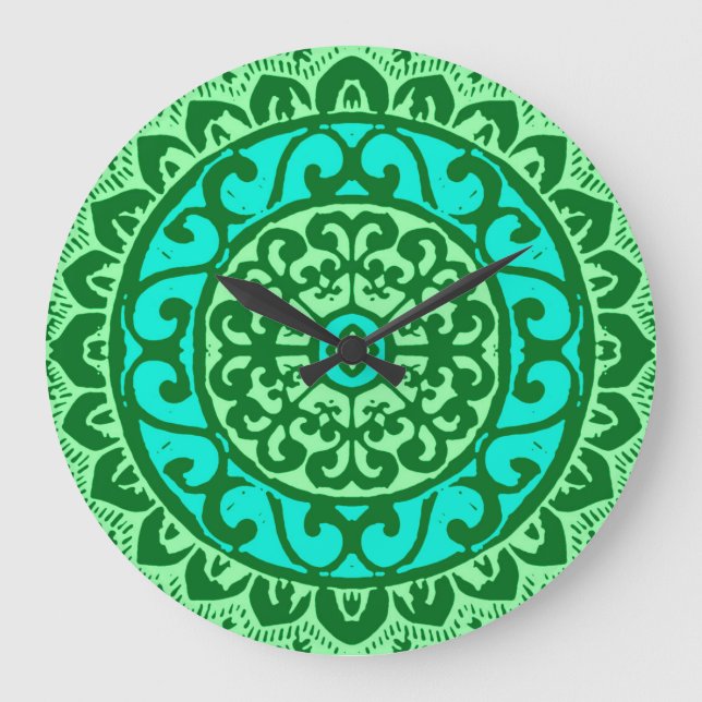 Southwestern Sun Mandala Batik, Lime Green Large Clock (Front)