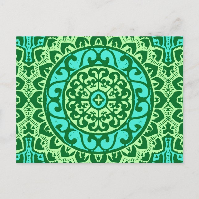Southwestern Sun Mandala Batik, Lime Green Postcard (Front)