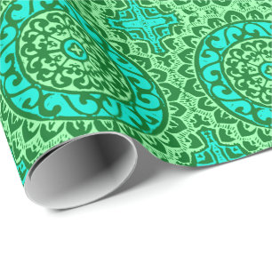 Southwestern Sun Mandala Batik, Lime Green Wrapping Paper
