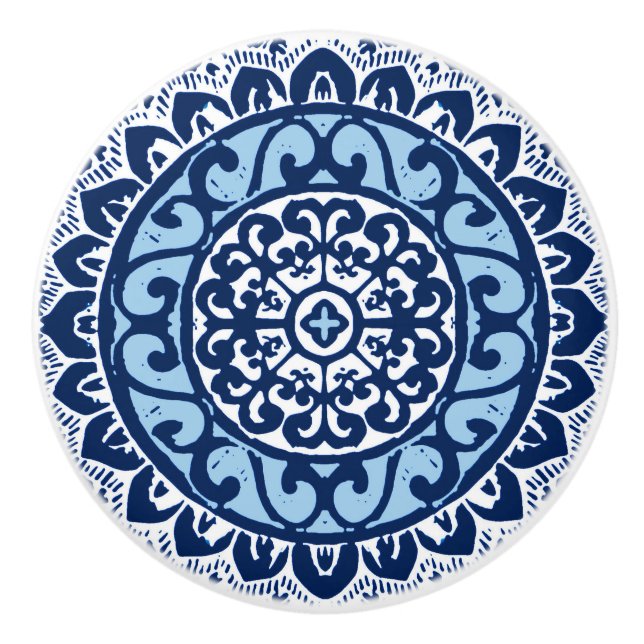 Southwestern Sun Mandala Batik, Navy Blue & White Ceramic Knob (Front)