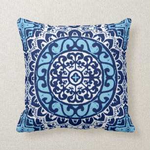 Southwestern Sun Mandala Batik, Navy Blue & White Cushion