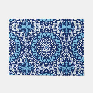 Southwestern Sun Mandala Batik, Navy Blue & White Doormat