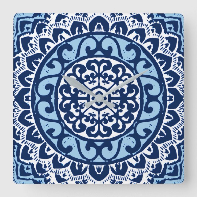 Southwestern Sun Mandala Batik, Navy Blue & White Square Wall Clock (Front)