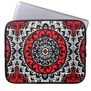 Southwestern Sun Mandala Batik, Red, Black & White Laptop Sleeve