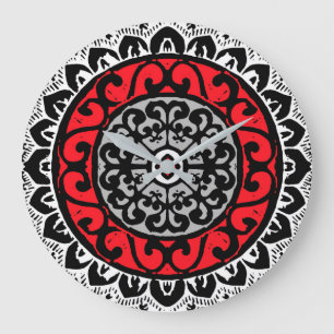 Southwestern Sun Mandala Batik, Red, Black & White Large Clock