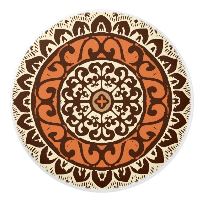 Southwestern Sun Mandala Batik, Rust & Brown Ceramic Knob (Front)
