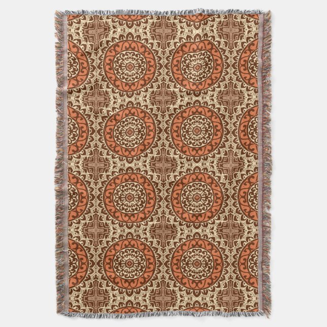 Southwestern Sun Mandala Batik, Rust & Brown Throw Blanket (Front Vertical)