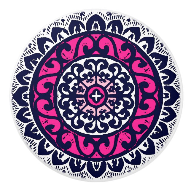 Southwestern Sun Mandala, Fuchsia, Navy & White Ceramic Knob (Front)