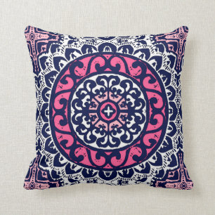 Southwestern Sun Mandala, Fuchsia, Navy & White Cushion
