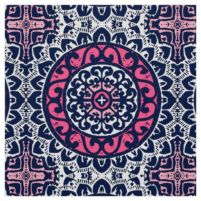 Southwestern Sun Mandala, Fuchsia, Navy & White Fabric (Swatch)