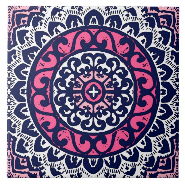 Southwestern Sun Mandala, Fuchsia, Navy & White Tile (Front)