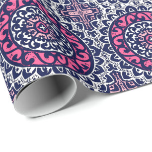 Southwestern Sun Mandala, Fuchsia, Navy & White Wrapping Paper