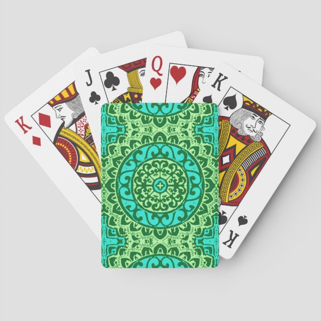 Southwestern Sun Mandala, Green and Turquoise  Playing Cards (Back)
