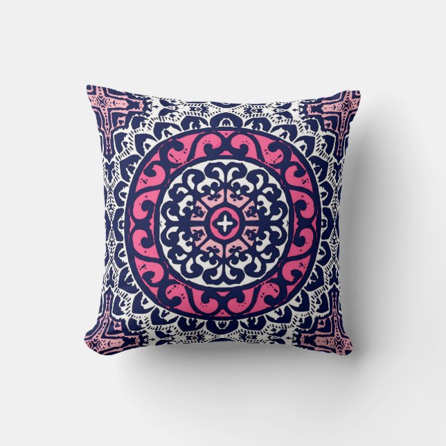 Southwestern Sun Mandala, Pink, Navy & White Cushion (Front)