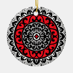 Southwestern Sun Mandala, Red, Black & White Ceramic Tree Decoration