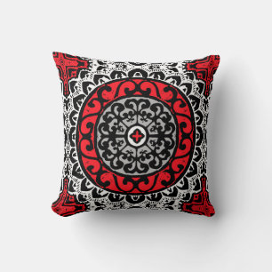 Southwestern Sun Mandala, Red, Black & White Cushion