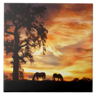 Southwestern Sunset With Horses and Oak Tree Tile