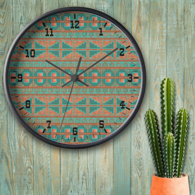 Southwestern Teal Copper Colours Geometric Pattern Clock (Southwest Geometric Teal and Copper colors wall clocks)