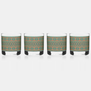 Southwestern Teal Copper Colours Geometric Pattern Whiskey Glass