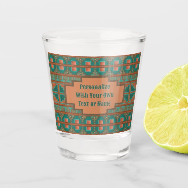 Southwestern Teal Copper Geometric Personalised Shot Glass (Front)