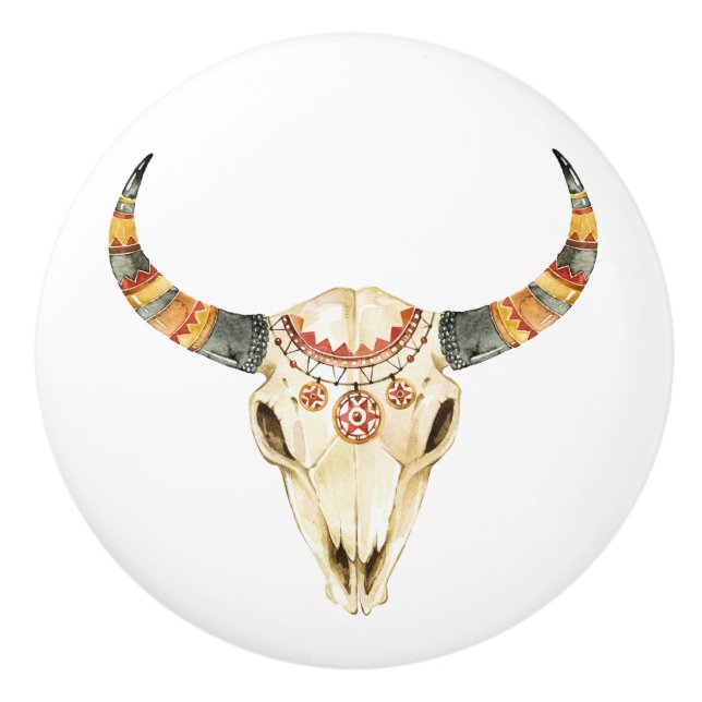 Southwestern Tribal Bull Skull 1 Ceramic Knob (Front)