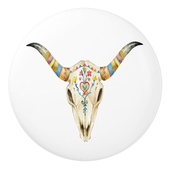 Southwestern Tribal Bull Skull 2 Ceramic Knob (Front)