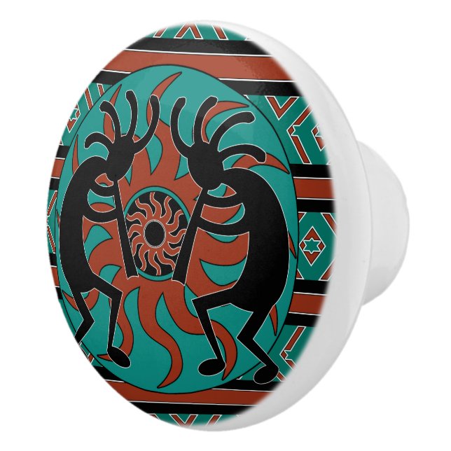 Southwestern Turquoise Tribal Sun Kokopelli Ceramic Knob (Right)