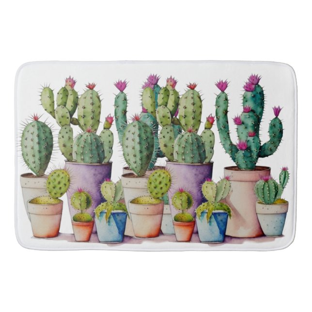 Southwestern watercolor cactus succulents in pots bath mat (Front)