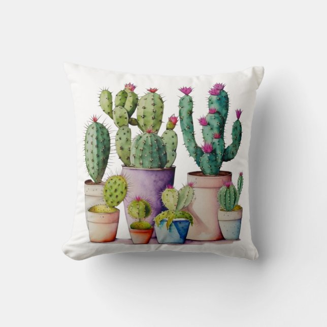 Southwestern watercolor cactus succulents in pots cushion (Front)