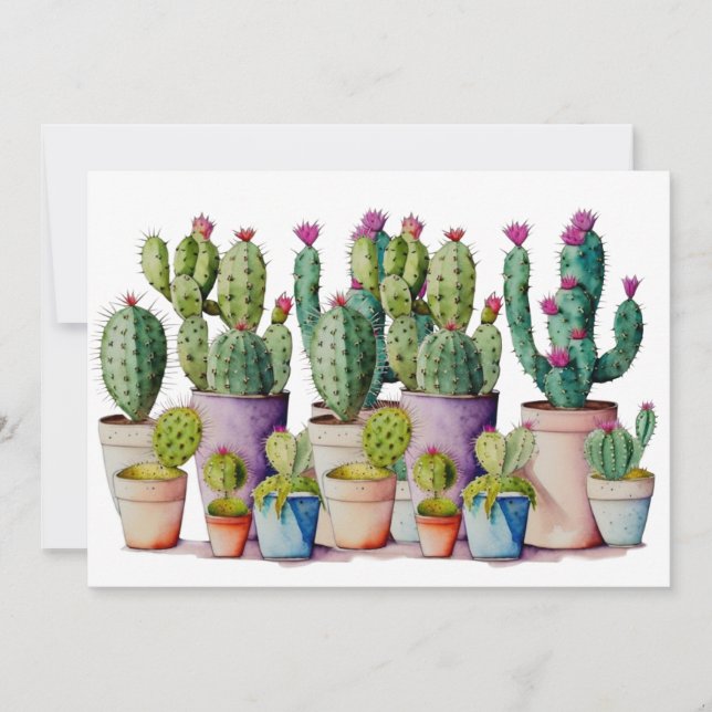 Southwestern watercolor cactus succulents in pots invitation (Front)