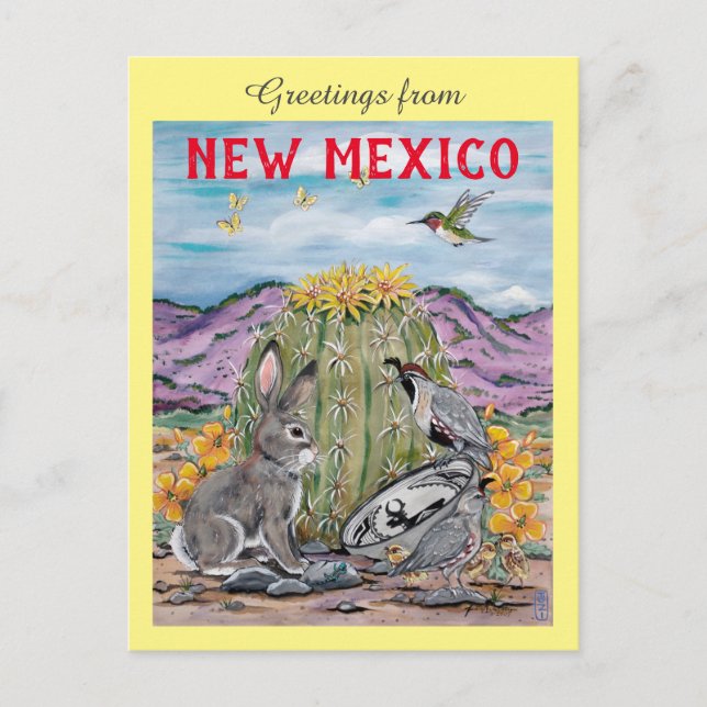 Souvenir New Mexico Southwest Animal Cactus Art Postcard (Front)