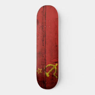 Soviet Union Flag on Old Wood Grain Skateboard