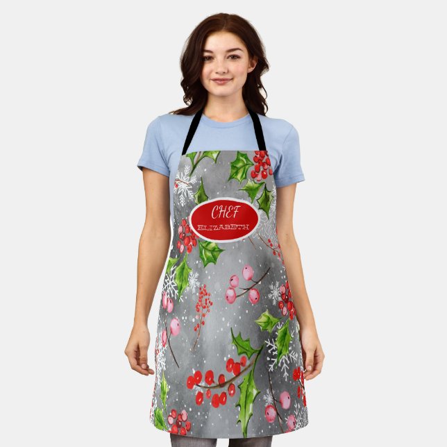 Sowflakes Holly Berry BranchesGray Holiday  Apron (Worn)