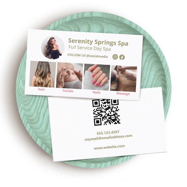 Spa 4 Photo Social Media QR Code Business Card (social media networking photo grid business cards with circle profile window and  qr code )
