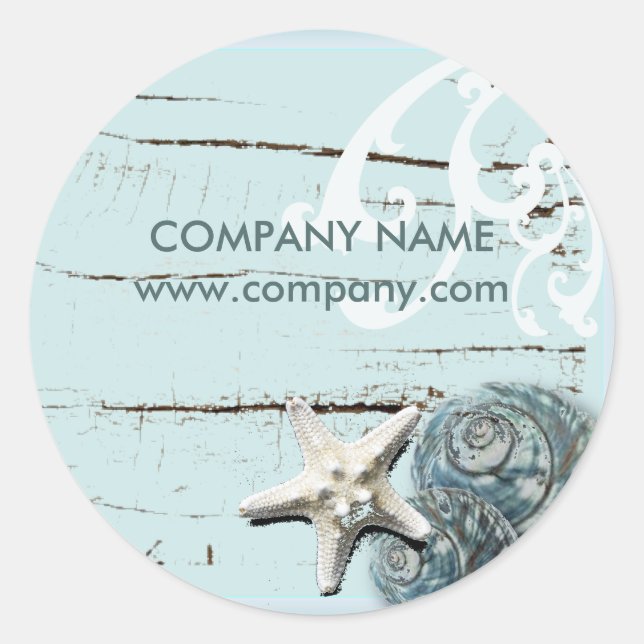 SPA aqua blue beach wood starfish seashells Classic Round Sticker (Front)