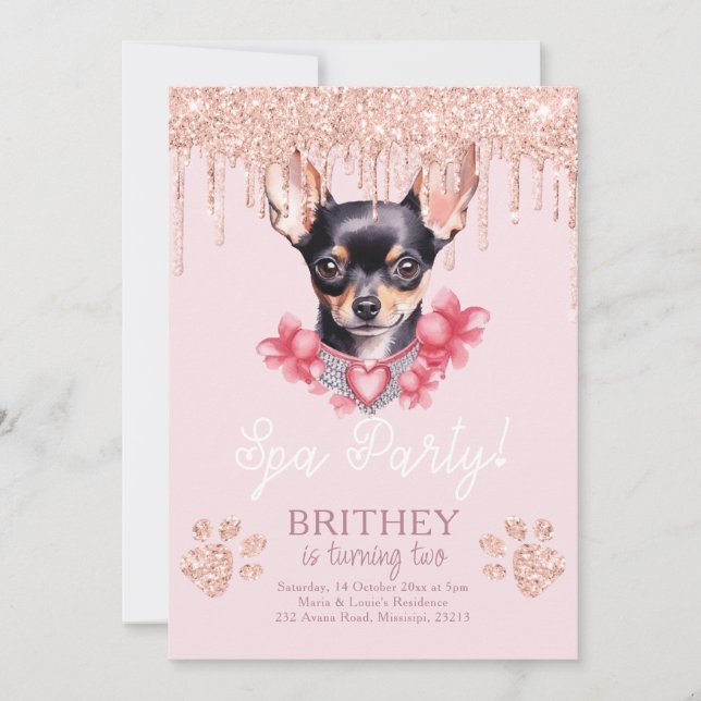 Spa Birthday Elegant Dog Glitter  Invitation (Front)