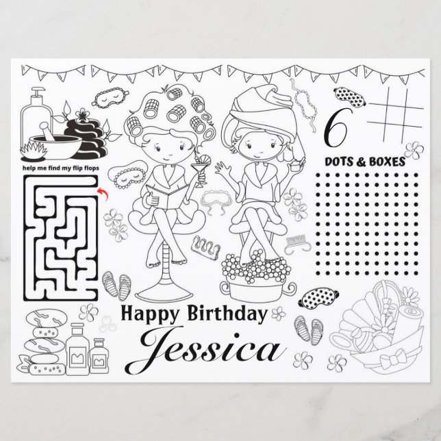 Spa birthday party activity colouring games (Front)