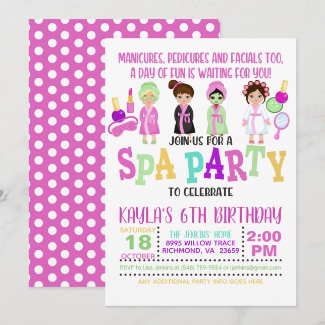 Spa Birthday Party Invitation - Girls - WH (Front/Back)