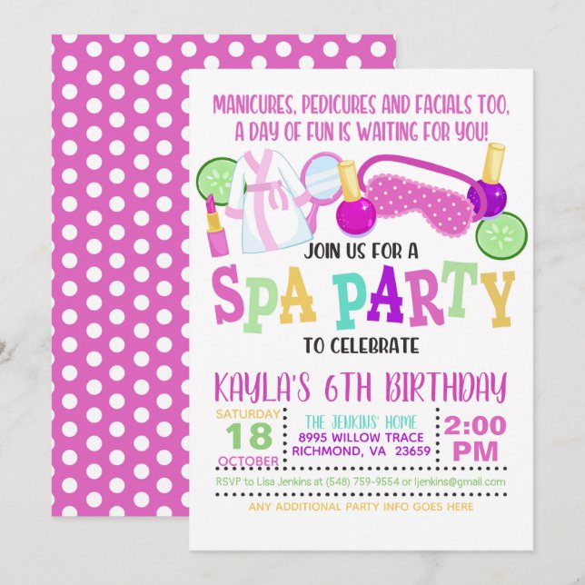 Spa Birthday Party Invitation - WH (Front/Back)