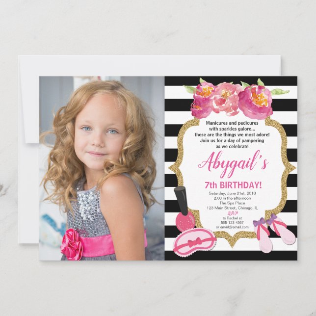 Spa birthday party pink gold black girl invitation (Front)