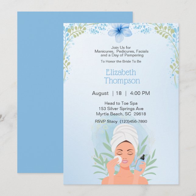 Spa Day Bachelorette Party Blue Floral  Invitation (Front/Back)