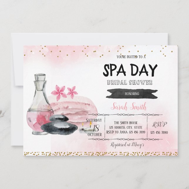 Spa day bridal shower card invitation (Front)