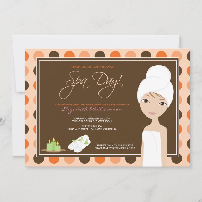 Spa Day Polka-dots Bridal Shower Invite (orange) (Front)