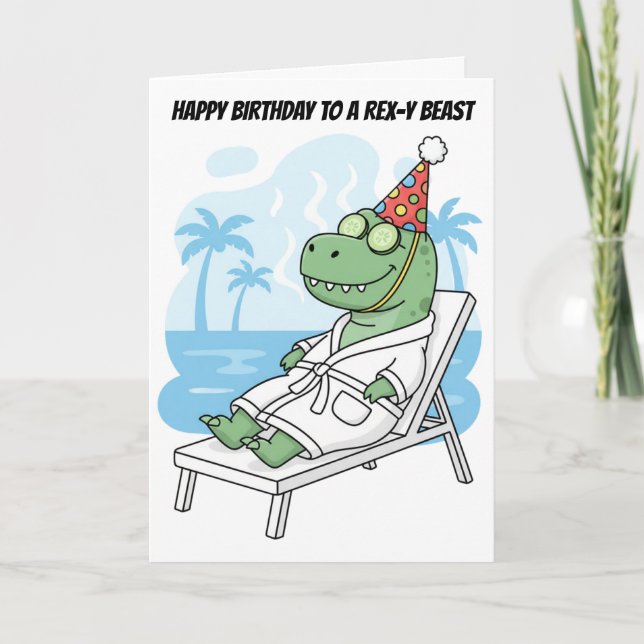 Spa Day T-Rex Birthday Hat Funny Dinosaur Card (Front)