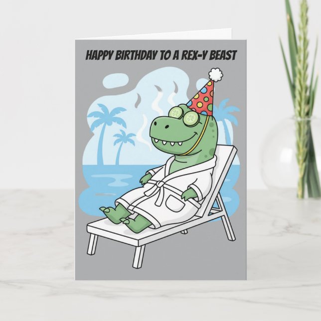 Spa Day T-Rex Birthday Hat Funny Dinosaur Card (Front)